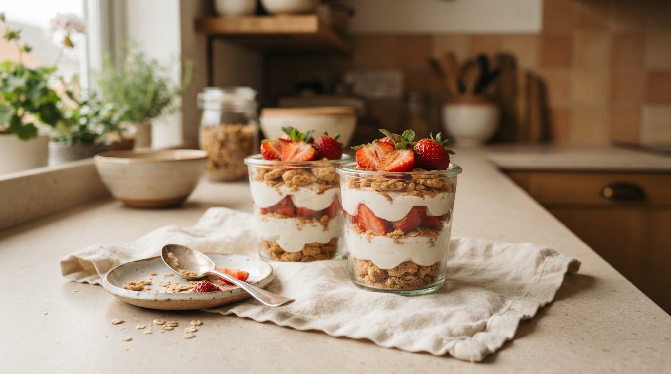 Vasitos de yogur, fruta y galletitas